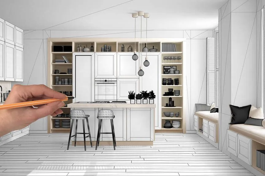 Unfinished project, under construction draft, concept interior design Unfinished project, under construction draft, concept interior design sketch, hand drawing real kitchen sketch with blueprint background, architect and designer idea